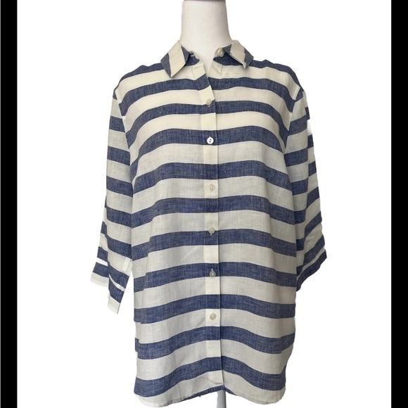 Chico’s 2 Petite  Blue White Striped 100% Linen Button Down 3/4 Sleeve Blouse PL - Picture 1 of 7